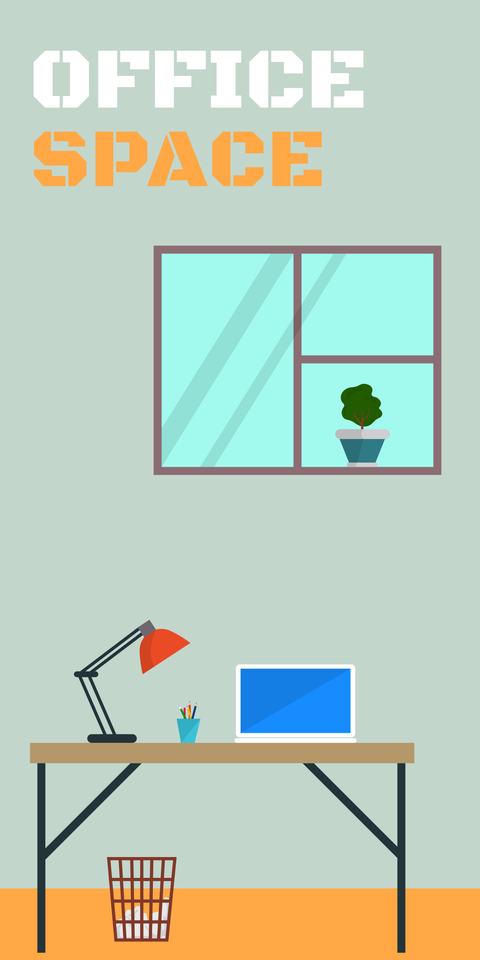 Office Space Work Desk, Laptop Computer and Lamp Template